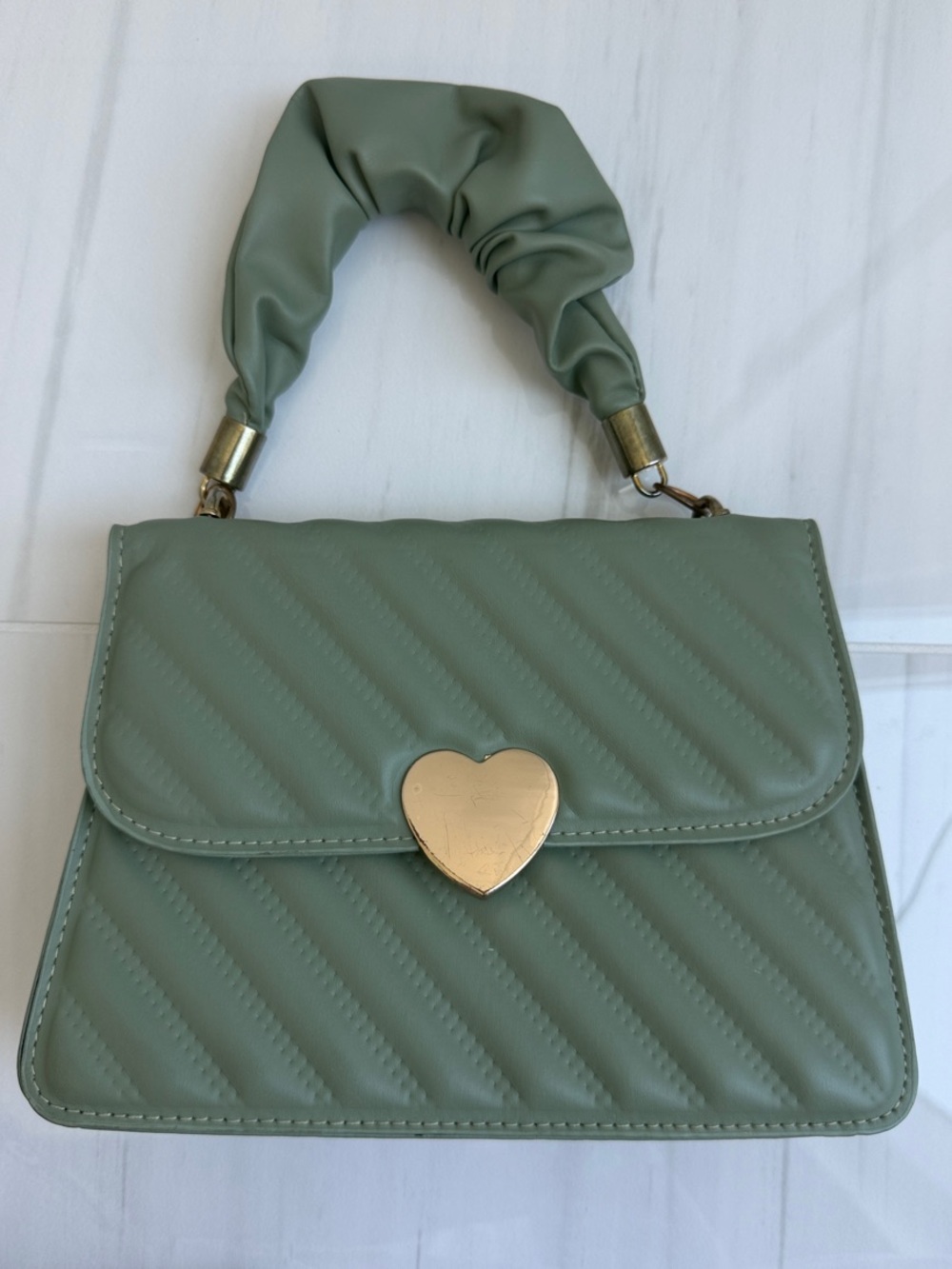 Heart-Clasp Quilted Top-Handle Bag in Sage Green